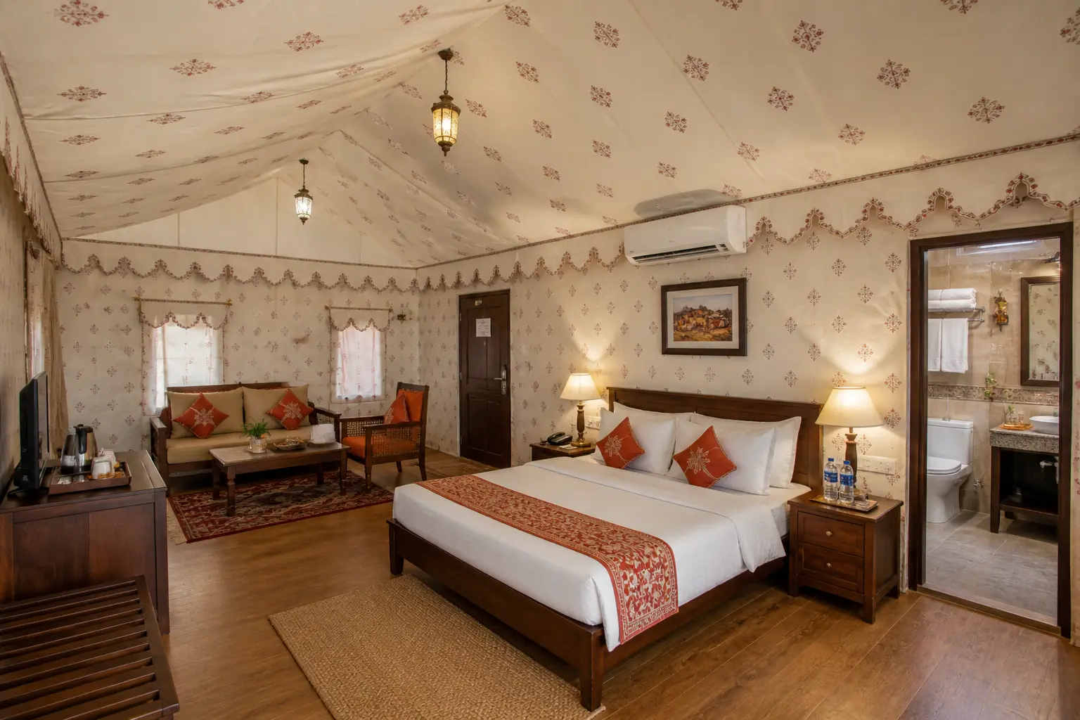 Interior of an air-conditioned Swiss cottage tent at the Rann Utsav tent city