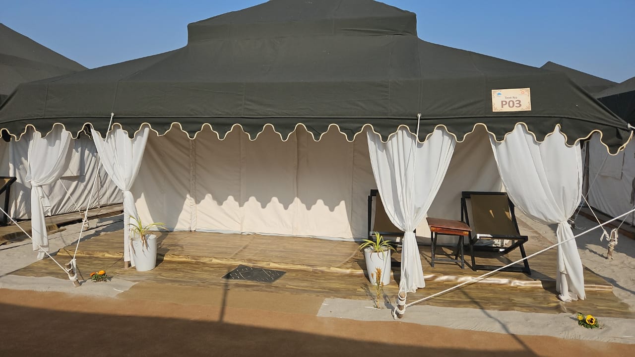 Luxury Swiss tent interior with wooden furniture