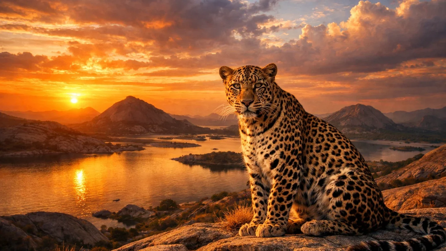 Leopard sitting on rocky hills