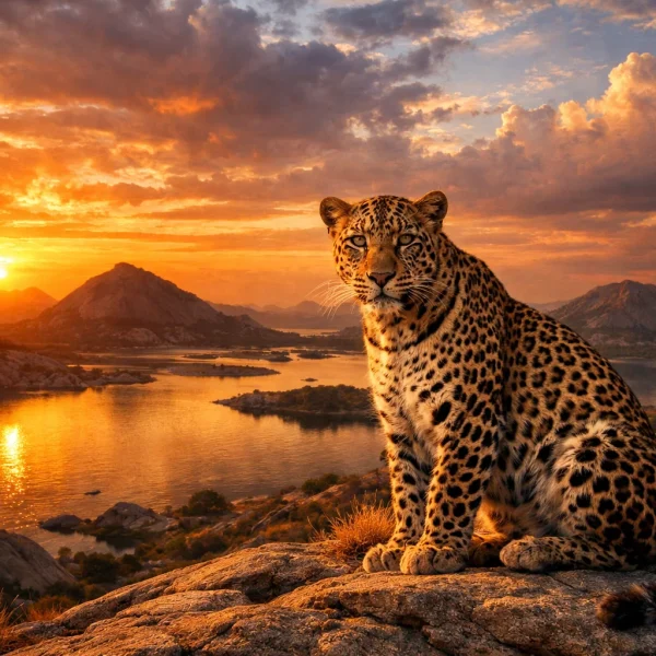 Leopard sitting on rocky hills
