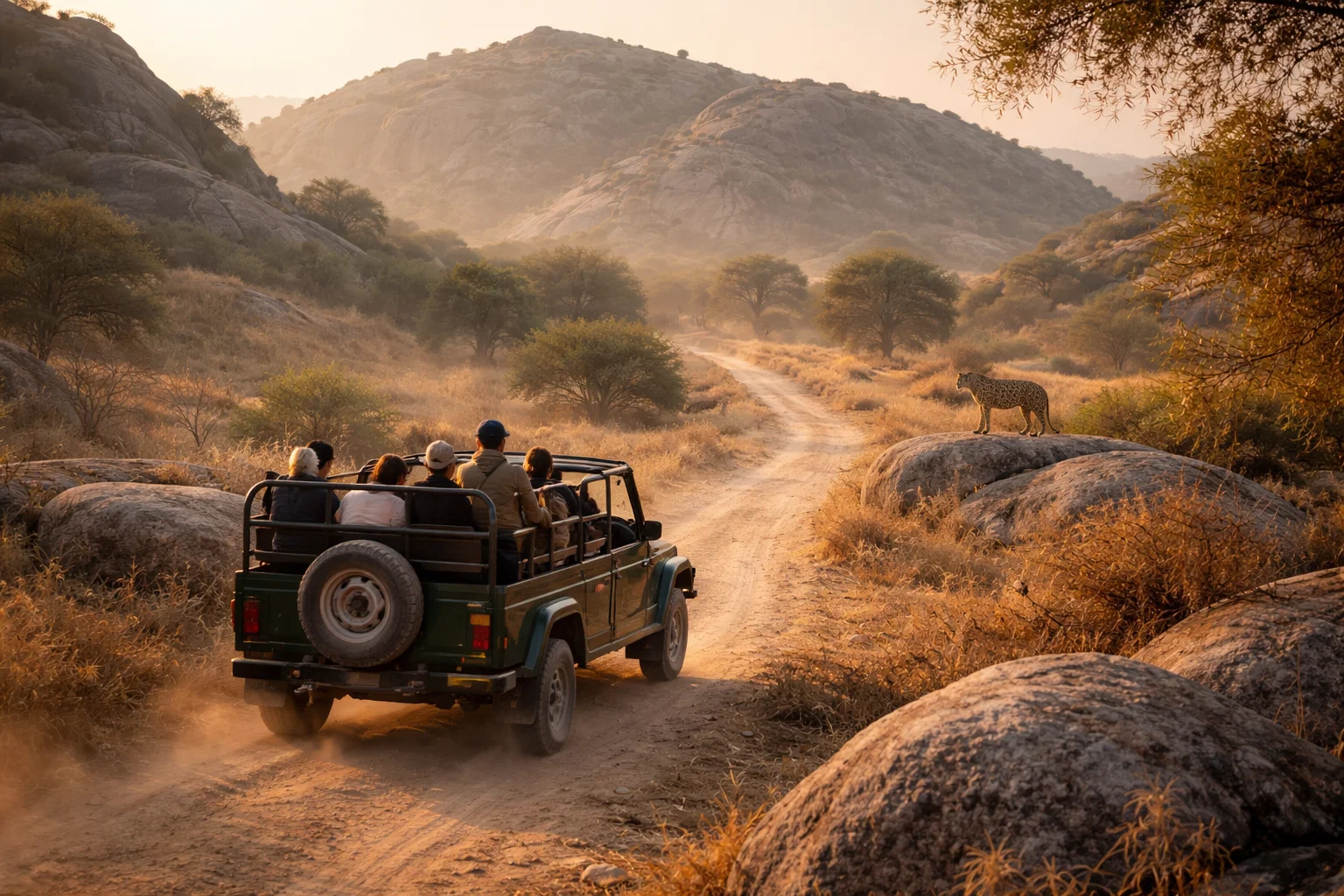 Safari jeep on dirt road in Jawai
