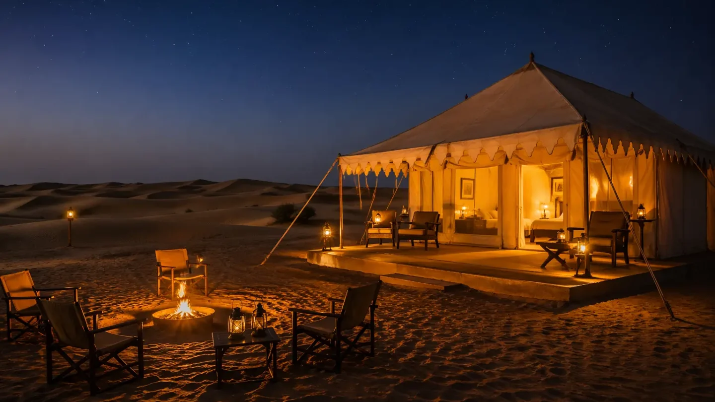 Luxury desert camping price in Jaisalmer — Adhvanta camp at Sam Sand Dunes