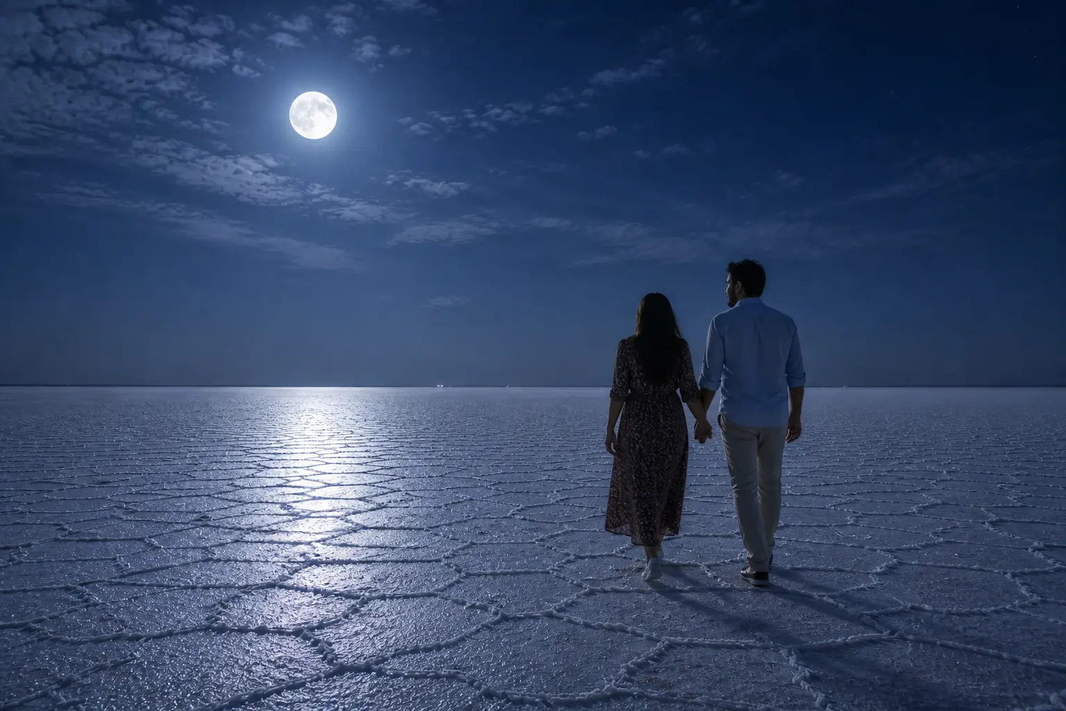 Couple enjoying a moonlight walk on the White Rann of Kutch during Rann Utsav, part of Adhvanta Hospitality couple package