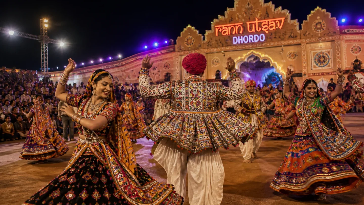 Kutchi folk dancers performing Garba at the Rann Utsav cultural programme at Dhordo, Gujarat