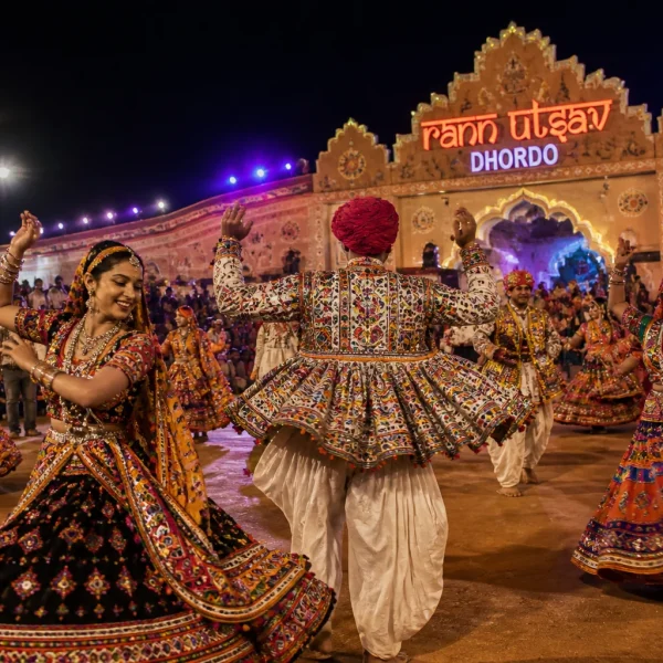 Kutchi folk dancers performing Garba at the Rann Utsav cultural programme at Dhordo, Gujarat