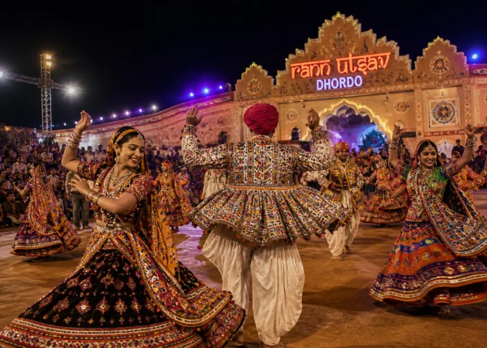 Kutchi folk dancers performing Garba at the Rann Utsav cultural programme at Dhordo, Gujarat