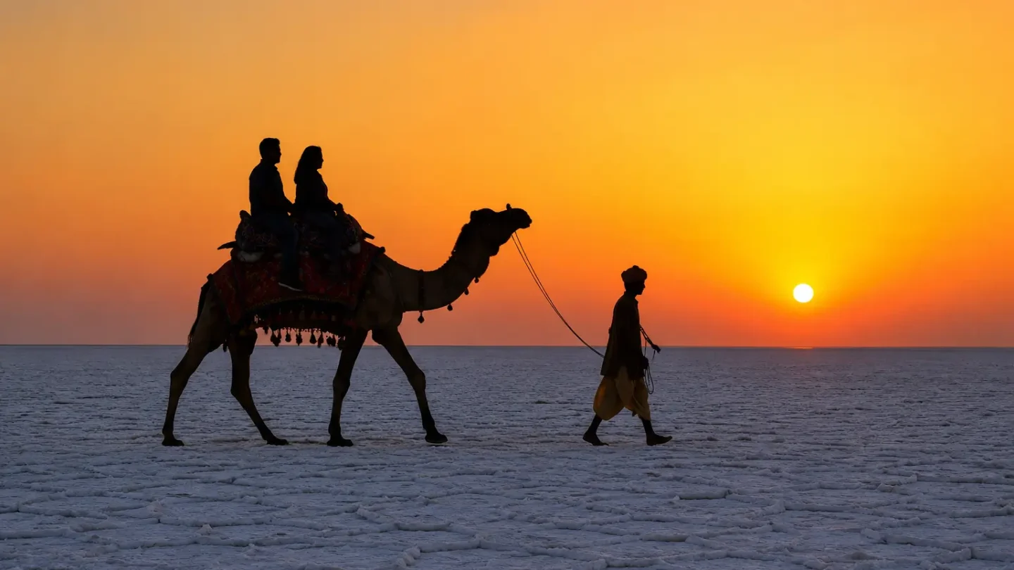 Camel ride during kutch desert safari at Rann Utsav at sunset