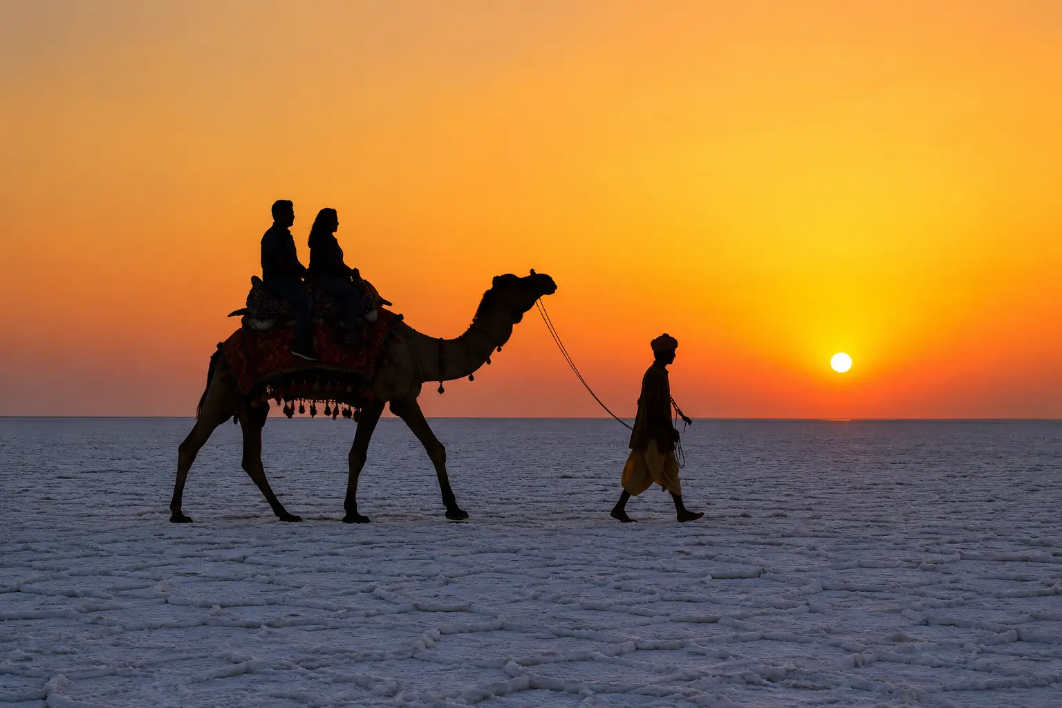 Camel ride during kutch desert safari at Rann Utsav at sunset Camel ride during kutch desert safari at Rann Utsav at sunset