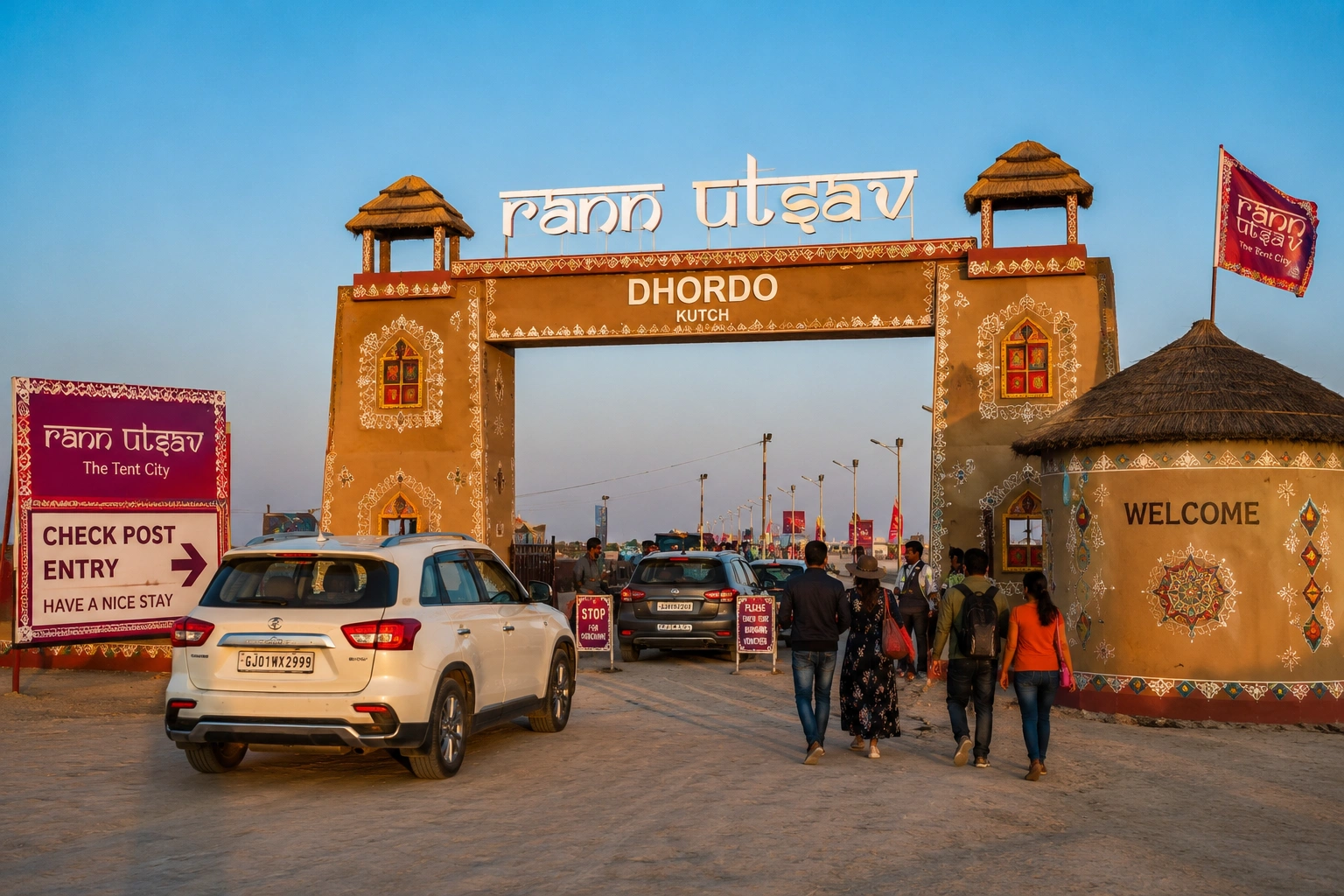 Entry checkpost at Dhordo village near Rann Utsav with visitors purchasing White Rann entry tickets rann utsav entry fees
