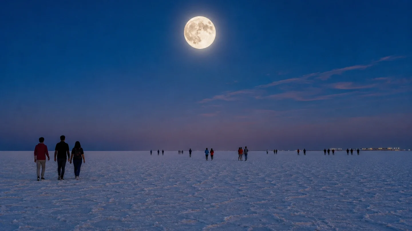 Full moon over the white salt desert with visitors walking