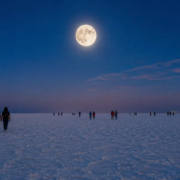 Full moon over the white salt desert with visitors walking