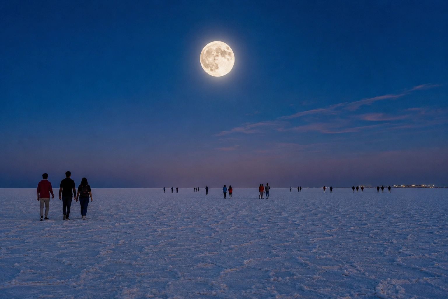 Full moon over the white salt desert with visitors walking