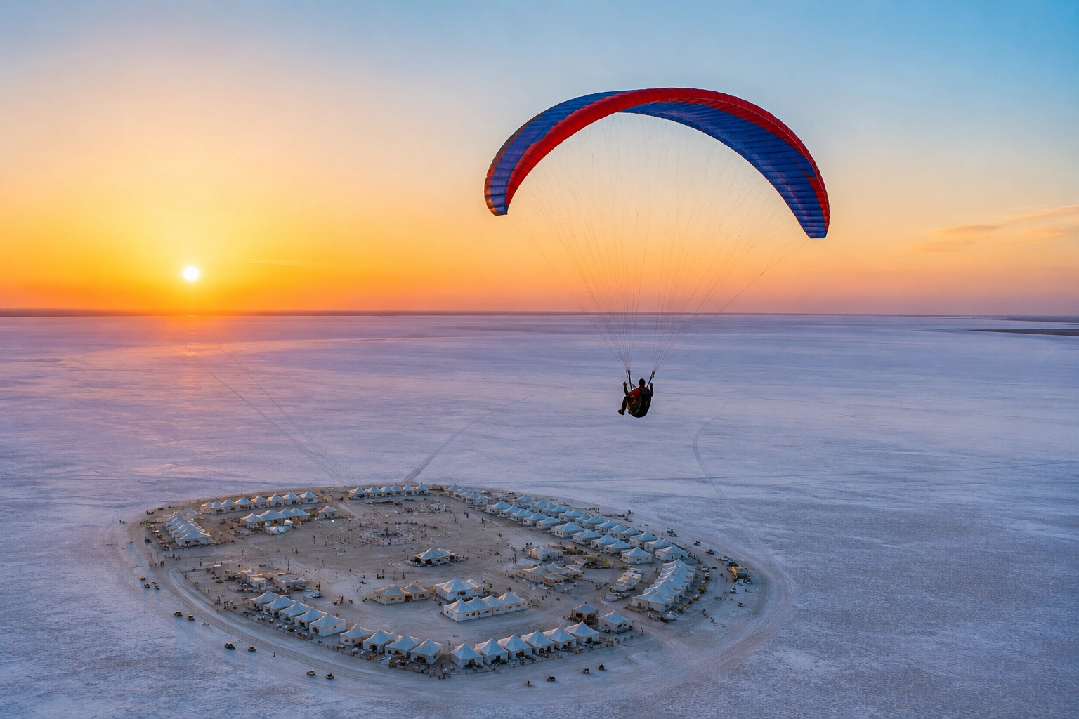 Paragliding over the white rann at Rann Utsav festival, Kutch Gujarat